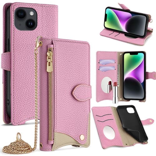 Funda de Piel de Lichi iPhone 13 Diseño Cola de Pez y Cadena Cruzada (Rosa)