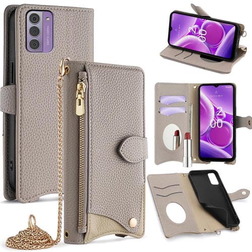 Funda para Teléfono Nokia G42/G310 con Cadena Cruzada y Cola de Pez de Cuero de Lichi (Gris)