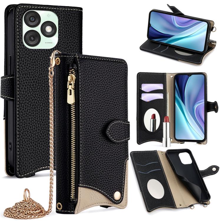 Funda para Teléfono Itel A50 con Cadena Cruzada y Cola de Pez de Cuero de Lichi (Negro)