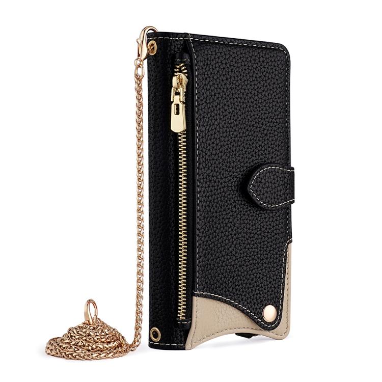 Funda para Teléfono Itel A50 con Cadena Cruzada y Cola de Pez de Cuero de Lichi (Negro)