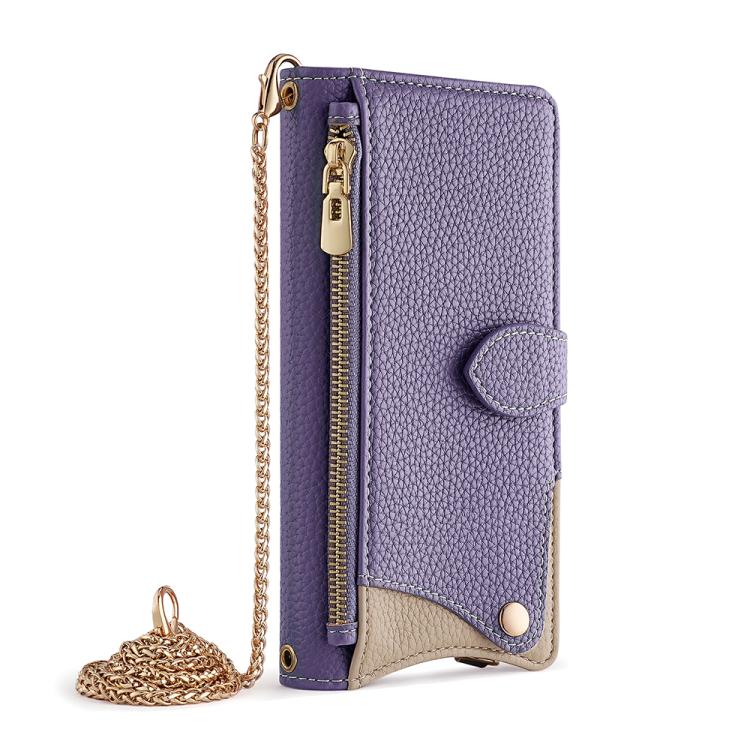 Funda para Teléfono Itel A50 de Cuero de Lichi con Cola de Pez y Cadena Cruzada (Morado)