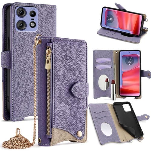 Funda Cuero Lichi con Diseño Cola de Pez y Cadena Cruzada para Motorola Edge 50 Pro (Morado)