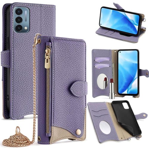Funda de Cuero Tipo Lichi con Diseño de Cola de Pez y Cadena Cruzada para OnePlus Nord N200 5G (Morado)