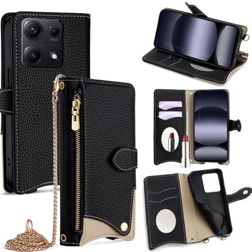 Funda de cuero con cadena cruzada y diseño de cola de pez para Redmi Note 14S 4G (negro)