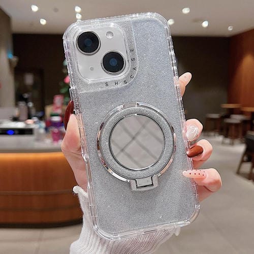 Funda para Teléfono Magsafe iPhone 13 con Soporte Espejo y Purpurina (Plateada)