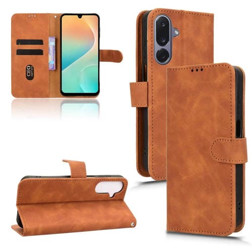 Funda de cuero con tapa magnética y diseño de piel para Samsung Galaxy M36 5G (marrón)