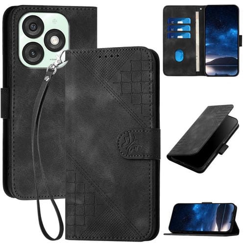 Funda de Cuero para Itel A50 con Diseño de Mariposa en Relieve y Cordón (Negro)