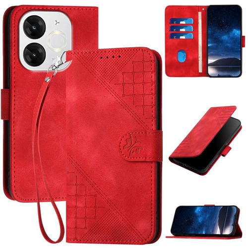 Funda de Cuero Itel A80 con Diseño Mariposa en Relieve y Cuadrícula con Cordón (Rojo)
