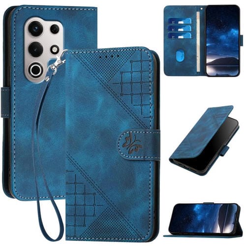 Funda de Cuero Itel S25 Ultra con Diseño Mariposa en Relieve y Cordón (Azul Oscuro)