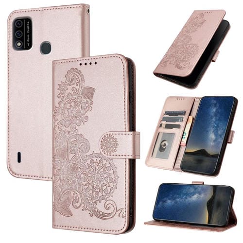 Funda de Cuero con Tapa para Itel A48 Diseño Flor de Datura en Relieve (Oro Rosa)