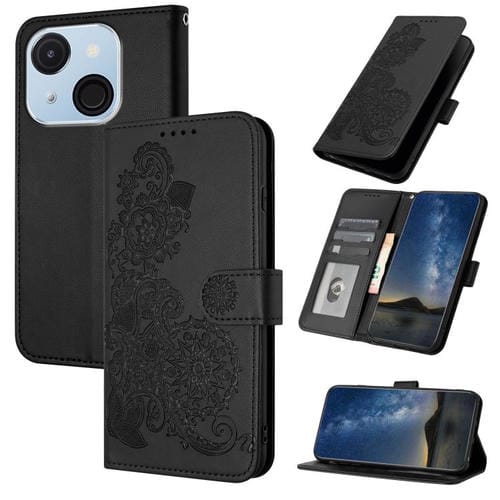 Funda de Cuero con Tapa para Itel A50C Diseño Flor de Datura en Relieve (Negra)