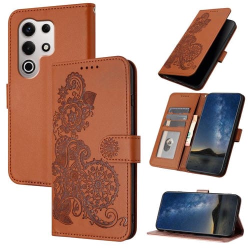 Funda de Cuero con Tapa para Itel S25 Ultra con Relieve Flor de Datura (MarrĂłn)
