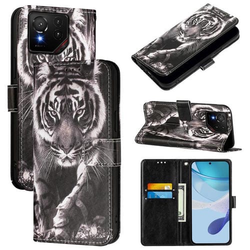 Funda de Cuero para Asus Rog Phone 9/9 Pro con Patrón Tigre (Blanco y Negro)