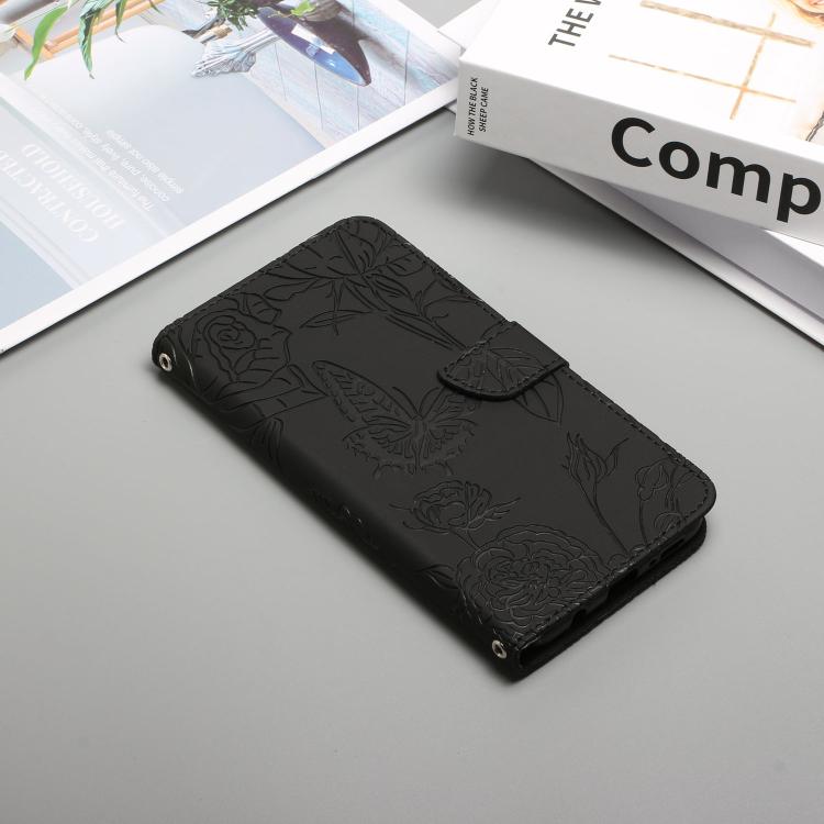 Funda de cuero con tapa y diseño de mariposas en relieve para Infinix Smart 10 Plus 4G (negra)
