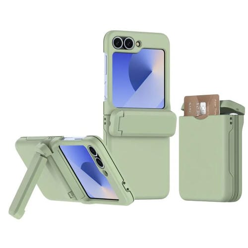 Funda plegable para teléfono Samsung Galaxy Z Flip5 5G con ranura para tarjeta y cadena de goma con resorte para PC y soporte (Verde Claro)