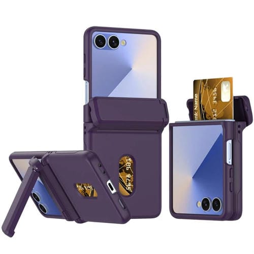 Funda plegable de PC con soporte y ranura para tarjeta y cadena de goma para Samsung Galaxy Z Flip7 5G (morado oscuro)