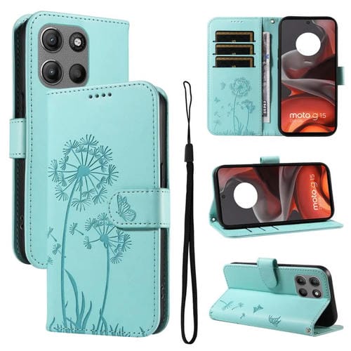 Funda de Cuero con Tapa para Motorola Moto G15 con Diseño de Diente de León (Verde)