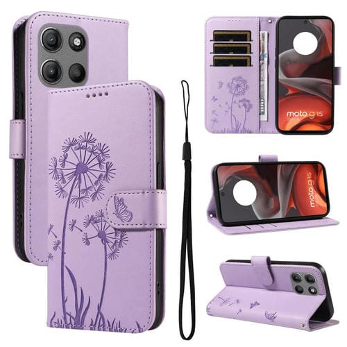 Funda de Cuero con Tapa para Motorola Moto G15 con Diseño Diente de León (Morado)