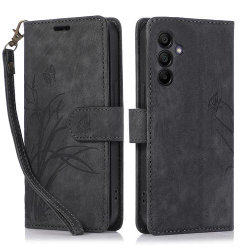 Funda de Cuero Samsung Galaxy A16 5G con Relieve Mariposa y Orquídea (Negra)
