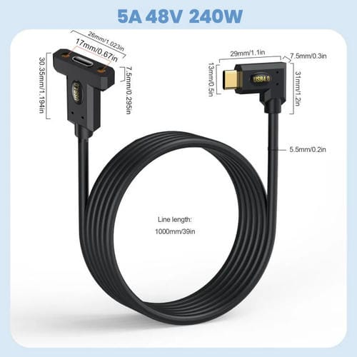 Cable de Extensión de Panel Fijo con Tornillos de Oreja, 240 W, Codo Macho Tipo C a Hembra Tipo C, 1 m