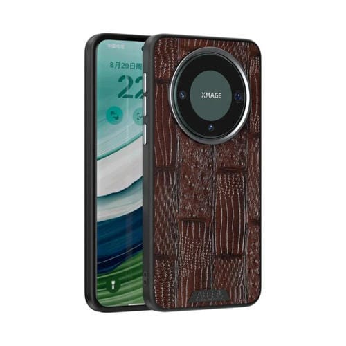 Funda de Cuero Genuino con Micrograbado 6D Magsafe para Huawei Mate 60 Pro / 60 Pro+ (Marrón)