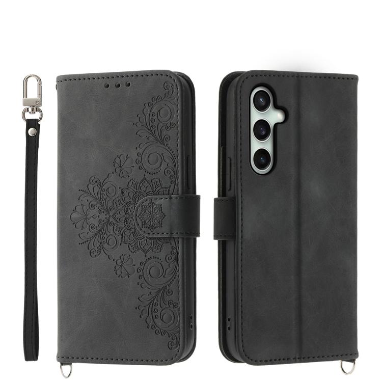 Funda de piel con relieve floral para Samsung Galaxy S25 FE 5G (negra)