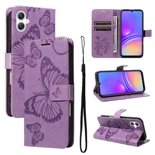 Funda de cuero con tapa y estampado de mariposas en relieve 3D para Samsung Galaxy A07 5G (morado)