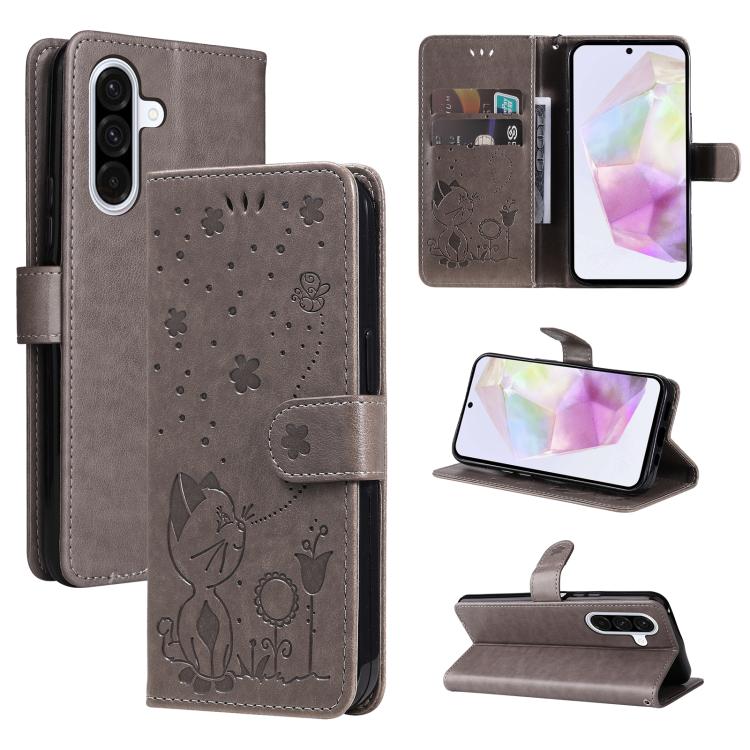 Funda de piel con tapa y diseño de gato y abeja para Samsung Galaxy A36 5G / M56 5G (gris)