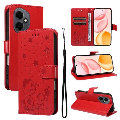 Funda de cuero con tapa para Honor 400 Global (156,5 mm), diseño de gato y abeja (roja)