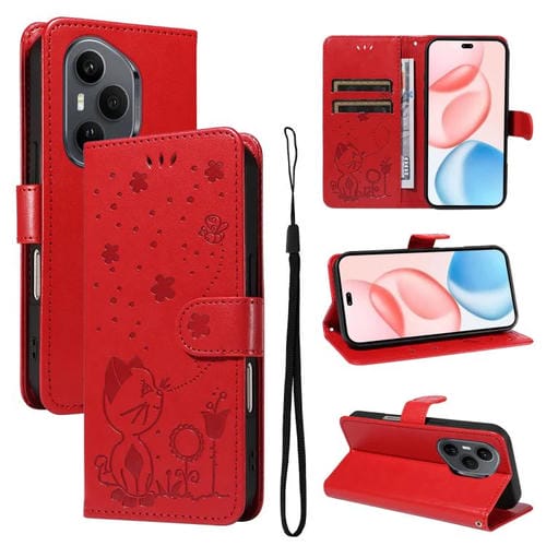 Funda de cuero con tapa para Honor 400 Pro Global (160,8 mm), diseño de gato y abeja (rojo)