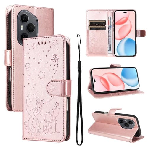 Funda de cuero con tapa para Honor 400 Pro Global (160,8 mm), con diseño de gato y abeja (oro rosa)