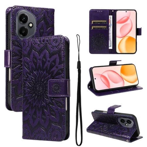 Funda de cuero con tapa y estampado de girasoles en relieve para Honor 400 Global (156,5 mm) (morado)