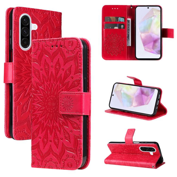 Funda de cuero con tapa y estampado de girasoles en relieve para Samsung Galaxy A56 5G (roja)