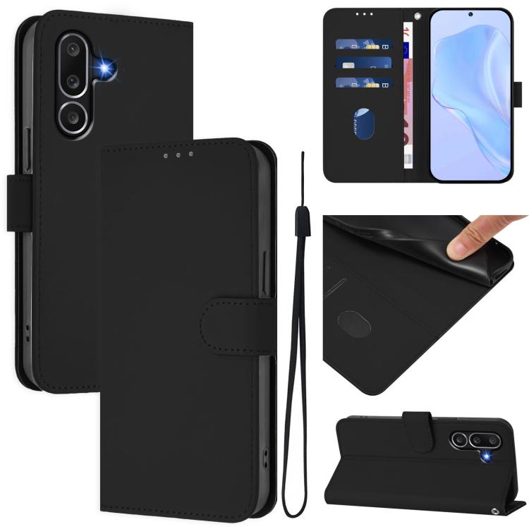 Funda de piel con textura de color liso y cordón para Samsung Galaxy M56 5G (negro)