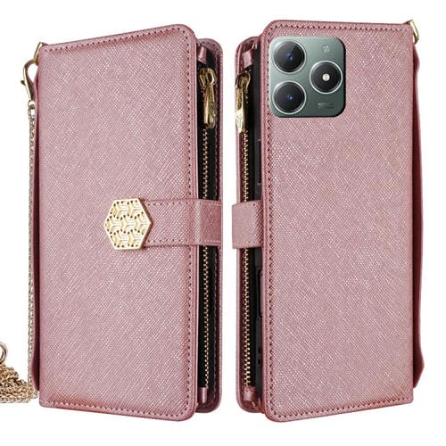 Funda de Cuero con Textura Cruzada y Asa Cruzada para Realme C61 4G (Oro Rosa)