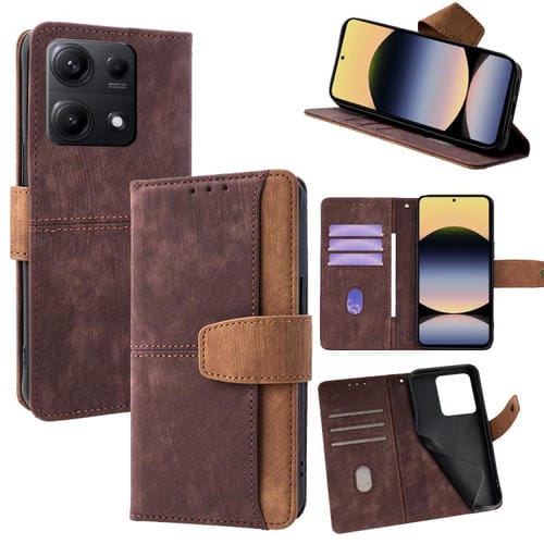 Funda de cuero con costuras de color y bloqueo RFID para Redmi Note 14S 4G (marrón)