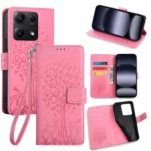 Funda de cuero con relieve de árbol y ciervo para Redmi Note 14S 4G (rosa)