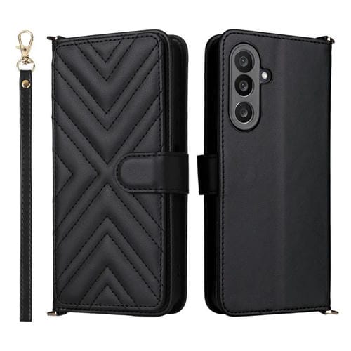Funda de cuero multifuncional para Samsung Galaxy M56 5G con 6 ranuras para tarjetas y correa para la muñeca (negra)