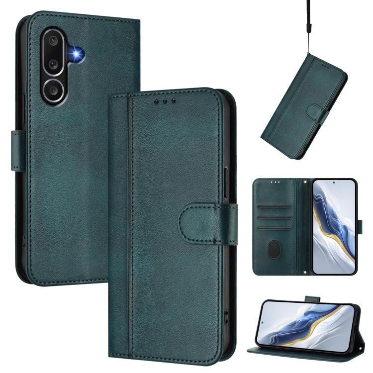 Funda de cuero retro con hebilla y empalme de línea para Samsung Galaxy M56 5G (verde oscuro)