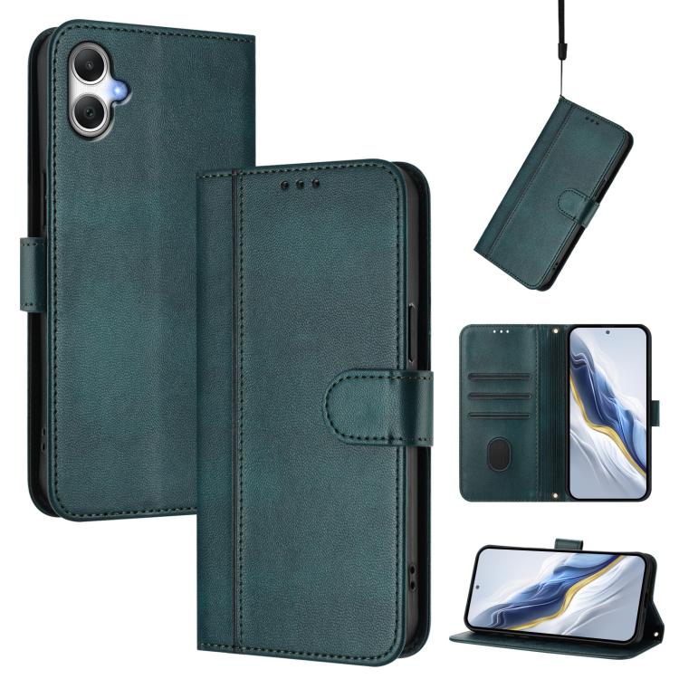 Funda de cuero retro con hebilla y empalme de líneas para Samsung Galaxy A07 4G (verde oscuro)