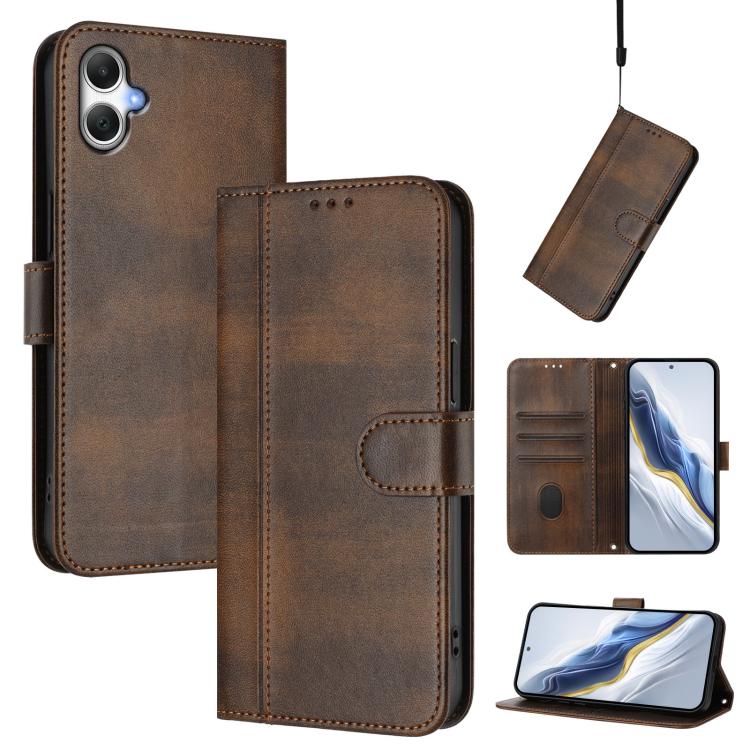 Funda de cuero retro con hebilla y empalme de líneas para Samsung Galaxy A07 4G (marrón)