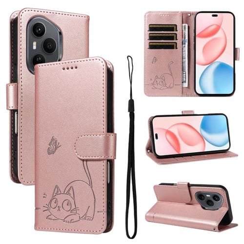 Funda de cuero con tapa y estampado de gato adorable para Honor 400 Pro Global (160,8 mm) (oro rosa)