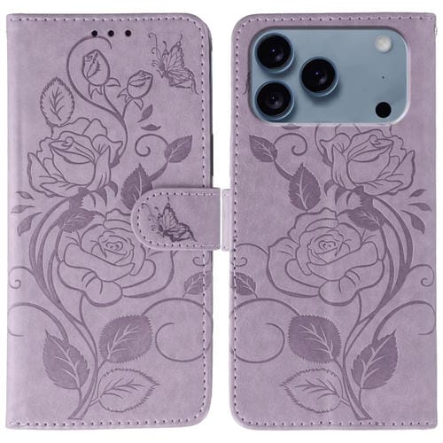 Funda de piel con estampado de mariposa rosa para iPhone 17 Pro Max (morada)