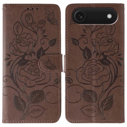 Funda de piel con relieve de mariposa rosa para iPhone 17 Air (marrón)