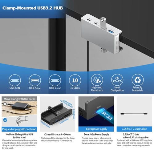 Concentrador de abrazadera ORICO HCL-2A1CTS-Pro aleación de aluminio 5 puertos USB 3.0 (Negro)