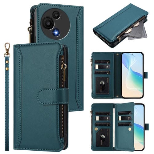Funda de cuero con cierre magnético para TCL 605/60 SE, 9 ranuras para tarjetas, cremallera y correa de mano (verde oscuro)
