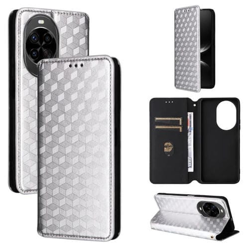 Funda de cuero con tapa y textura de cuadrícula cúbica para Huawei Nova 14 5G (plateada)
