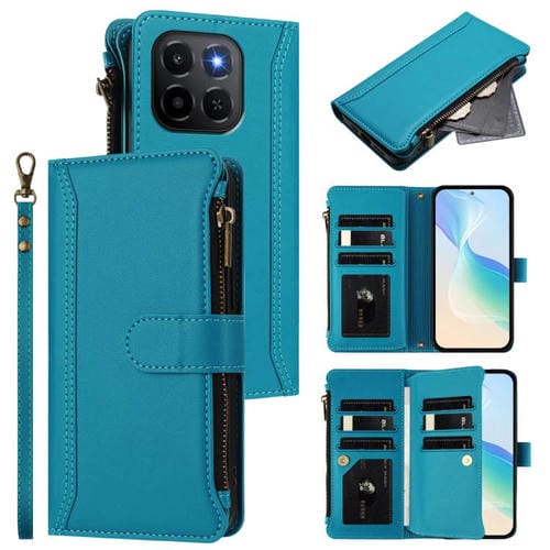 Funda de cuero con cierre magnético para Honor X6c 4G, 9 ranuras para tarjetas, cremallera y correa de mano (turquesa)