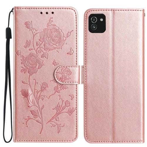 Funda de cuero con estampado floral en relieve para Samsung Galaxy A03 (oro rosa)