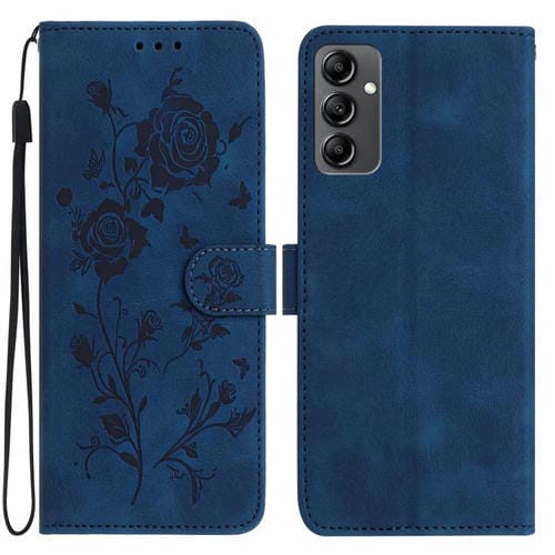 Funda de piel con estampado floral en relieve para Samsung Galaxy A14 (azul oscuro)